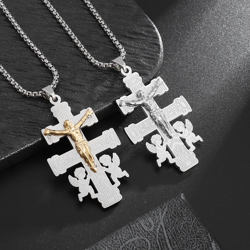 Vintage Christian Jesus Cross Stainless Steel Pendant Little Angel Prayer Necklace Men Women Faith Amulet Jewelry