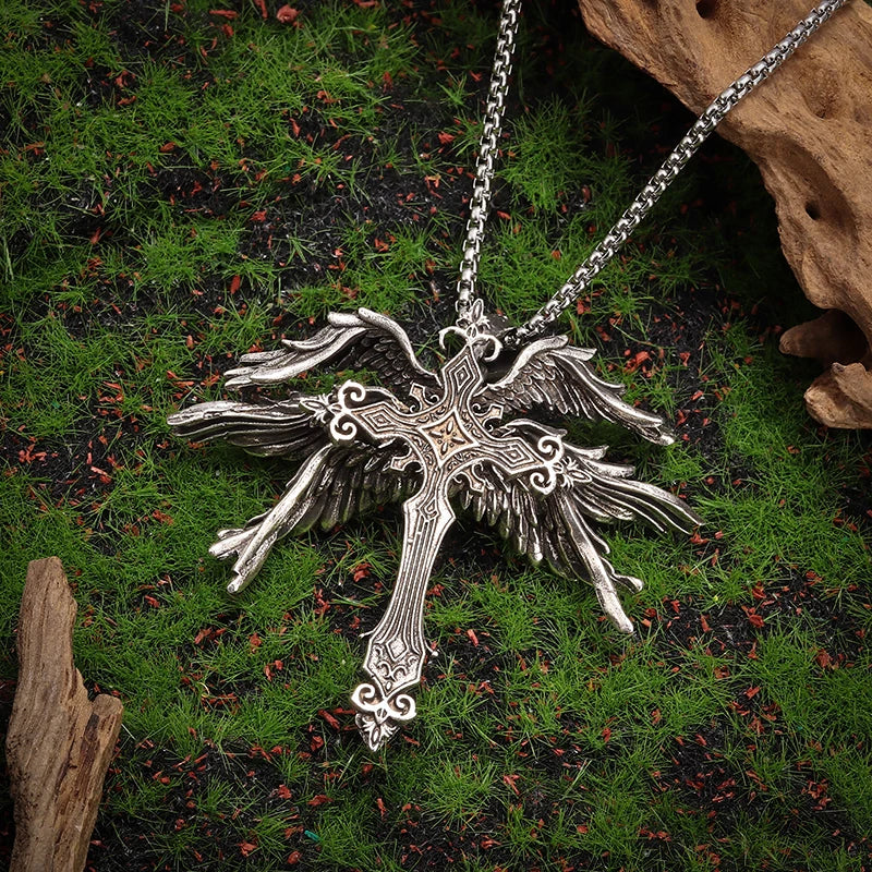 Retro Holy Angel Six Wings Cross Pendant Necklace Personalized Men's Punk Trend Amulet Jewelry Gift