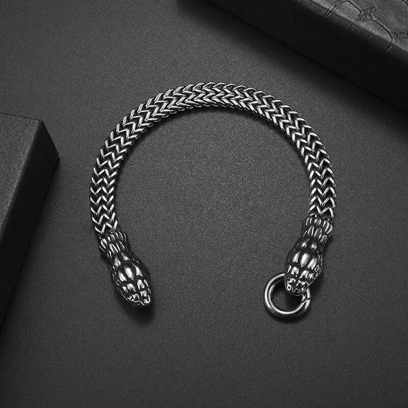 Zodiac Double Headed Snake Bracelet Men Stainless Steel Ring Buckle Bracelet Punk Motorcycle Party Jewelry Accessories