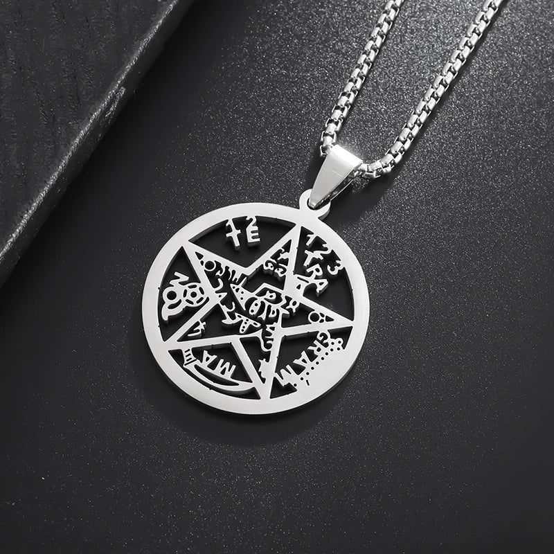 Jewish Four-Letter Hebrew Witchcraft Five-Pointed Star Stainless Steel Pendant Necklace Religious Amulet Jewelry for Men