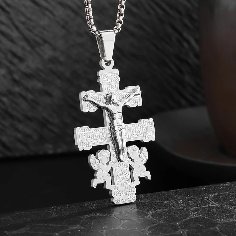 Vintage Christian Jesus Cross Stainless Steel Pendant Little Angel Prayer Necklace Men Women Faith Amulet Jewelry