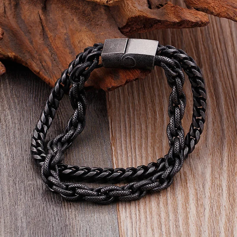 Men Simple Classic Elegant Fashionable Double-Layer Stainless Steel Bracelet Magnetic Buckle Chain Casual Party Jewelry Gift