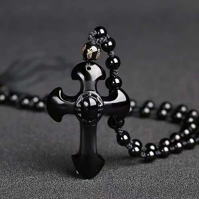 Vintage Christian Cross Obsidian Pendant Beaded Necklace Men Women Good Luck Amulet Jewelry Gift