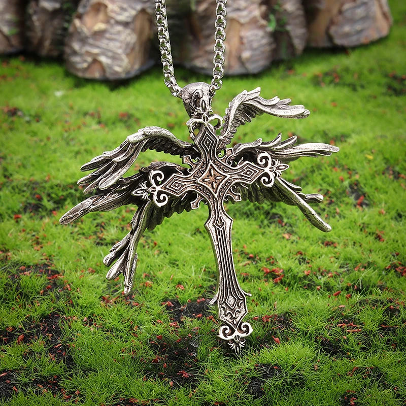 Retro Holy Angel Six Wings Cross Pendant Necklace Personalized Men's Punk Trend Amulet Jewelry Gift