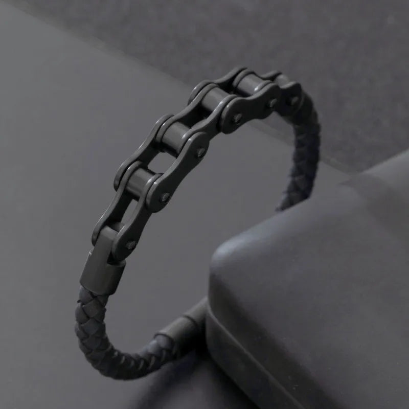 Retro Punk Bicycle Chain Hand Woven Leather Bracelet with Metal Buckle Men's Cycling Motorcycle Rock Party Jewelry