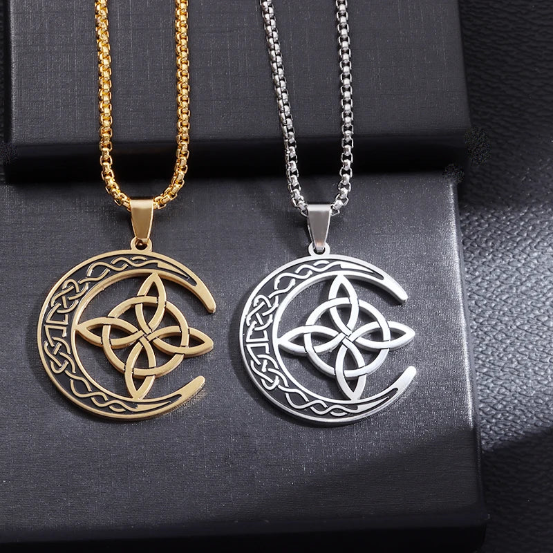 Stainless Steel Witchy Witch Knot Moon Pendant Necklace