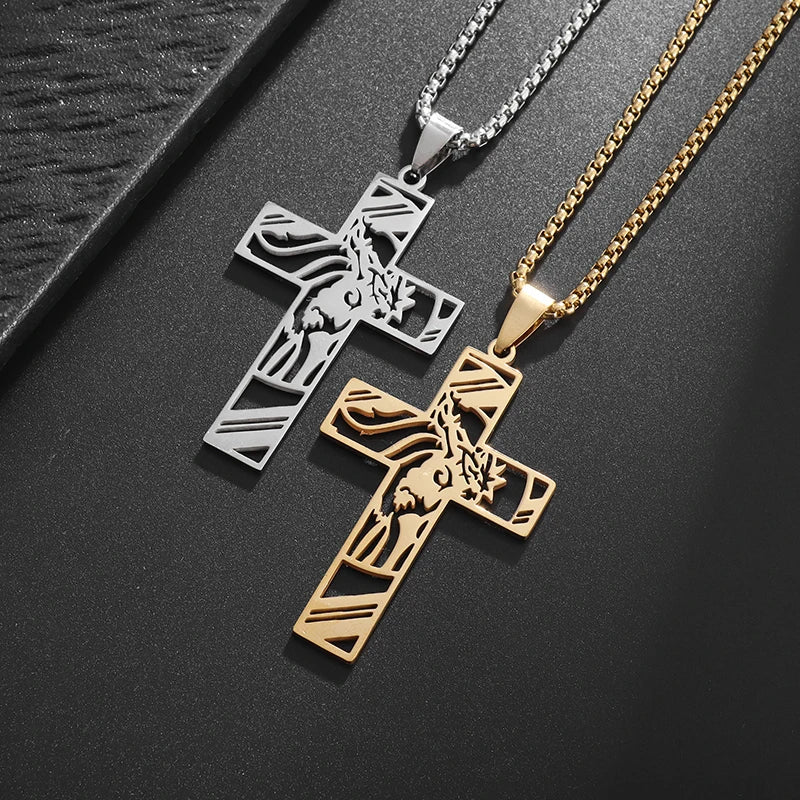 Catholic Jesus Crown of Thorns Cross Stainless Steel Pendant Necklace Men\\'s Christian Vintage Prayer Jewelry