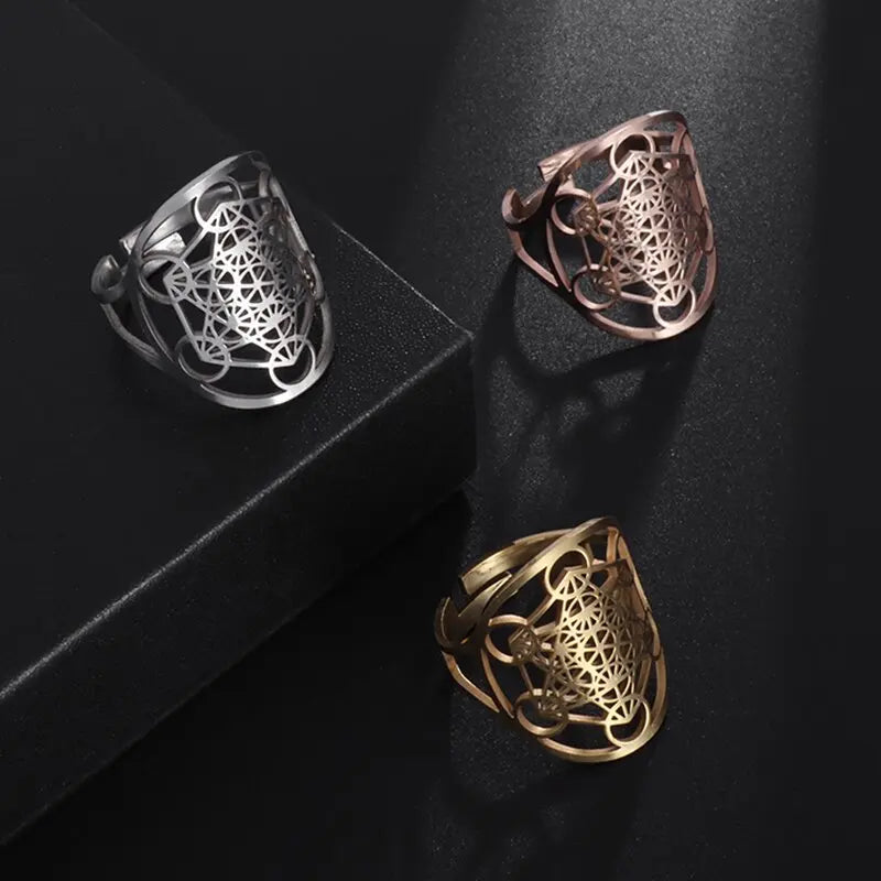 Stainless Steel Metatron Ring Adjustable Size Archangel Signet Lotus Flower Ring Solomon Geometry Supernatural Women Jewelry