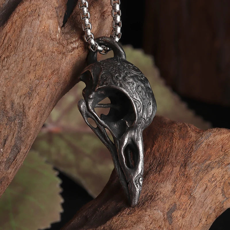 Vintage Raven Skull Necklace Norse Mythology Odin Huginn and Muninn Pendant Men\'s Biker Punk Jewelry
