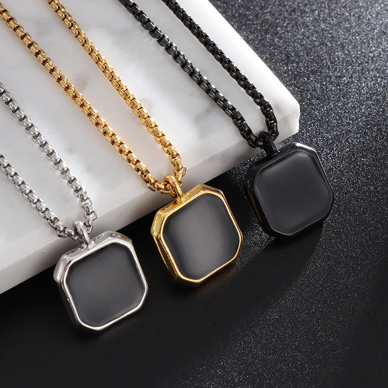Stainless Steel Classic Geometric Polygonal Black Square Natural Stone Necklace Pendant for Men Fashion Casual Punk Jewelry Gift