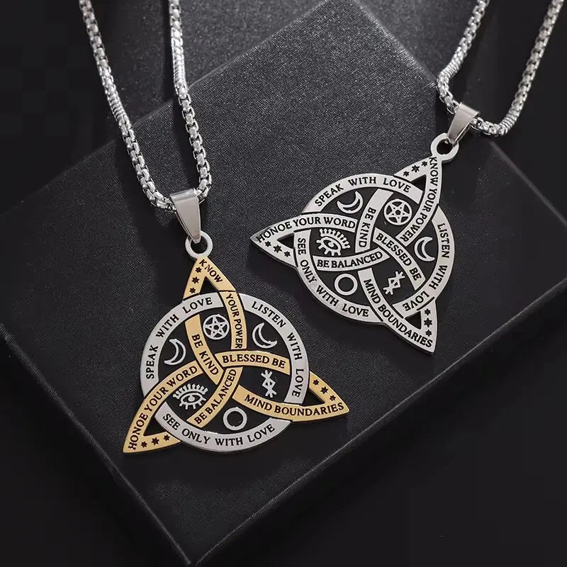 Stainless Steel Vintage Irish Celtic Trinity Knot Pendant Wiccan Witch Knot Moon Star Totem Necklace Men's Fashion Lucky Jewelry