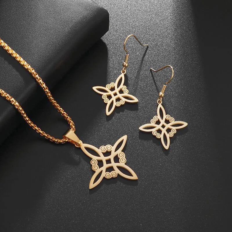 Celtic Symbols Witchcraft Witch Knot Necklace Earrings Jewelry Set Women\'s Pendant Amulet Hypoallergenic Earrings