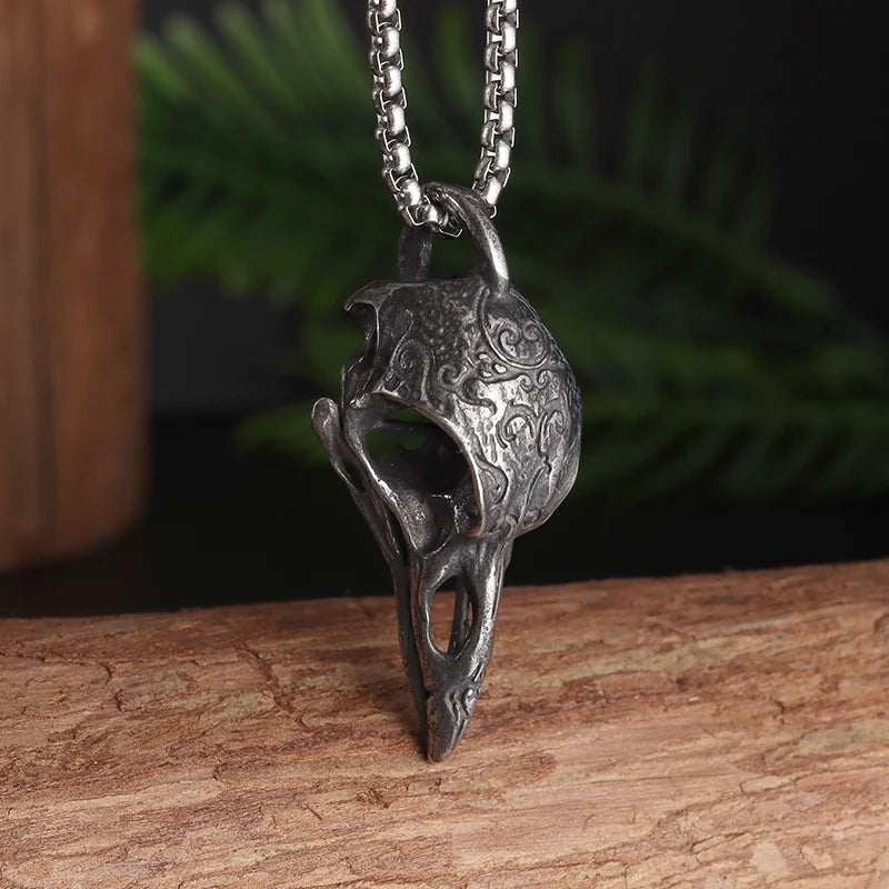 Vintage Raven Skull Necklace Norse Mythology Odin Huginn and Muninn Pendant Men\'s Biker Punk Jewelry