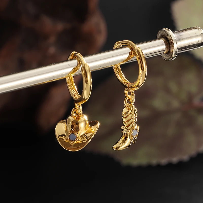 New Creative Cowboy Hat and Boots Hoop Earrings Women's Piercing Hypoallergenic Earrings Jewelry Christmas Gift Accessories