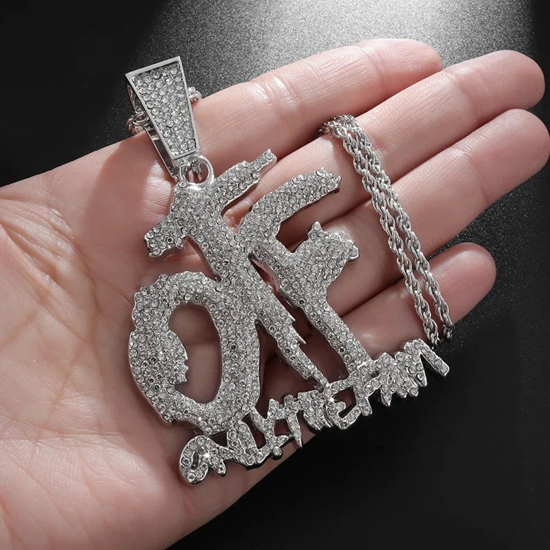 Luxurious Ice Crystal Zirconia Letter Otf Letter Pendant Necklace for Men and Women Fashion Rock Party Birthday Jewelry Gift